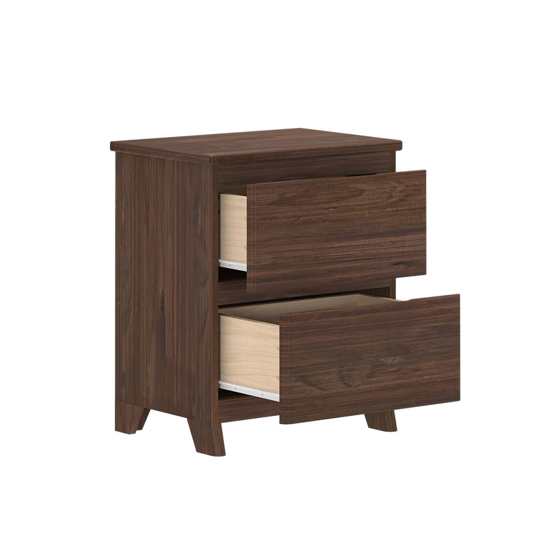 Dark walnut two-drawer nightstand with mid-century modern legs, open drawers and bedroom storage