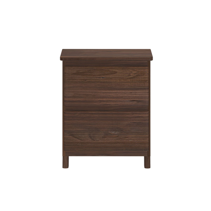 Dark walnut three-drawer nightstand with wood grain finish and tapered legs, modern bedside table