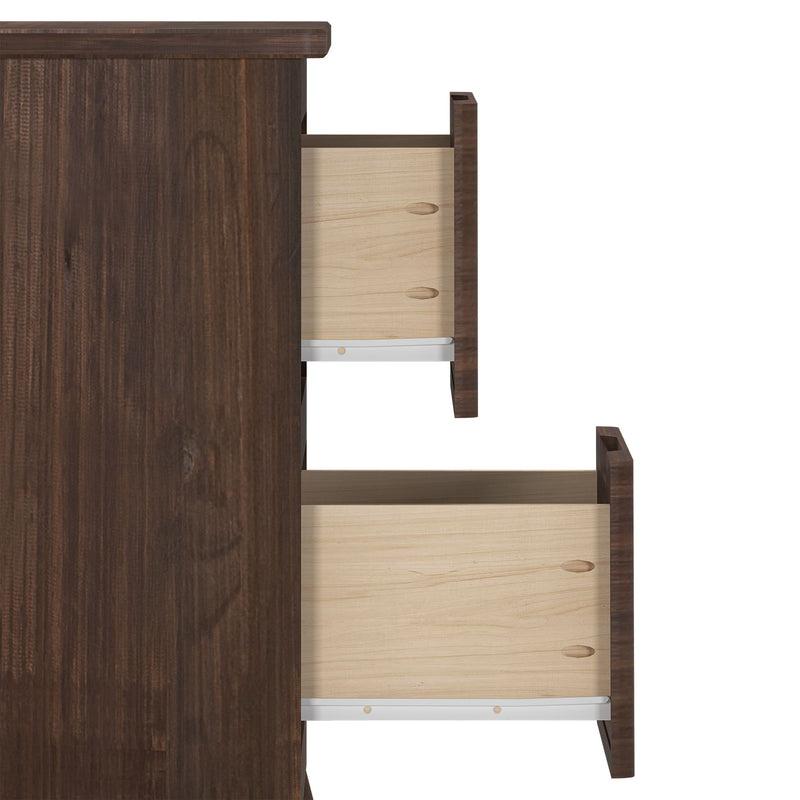 Dark walnut dresser side view with two partially open light wood drawers, recessed handles and metal glides, modern bedroom storage furniture