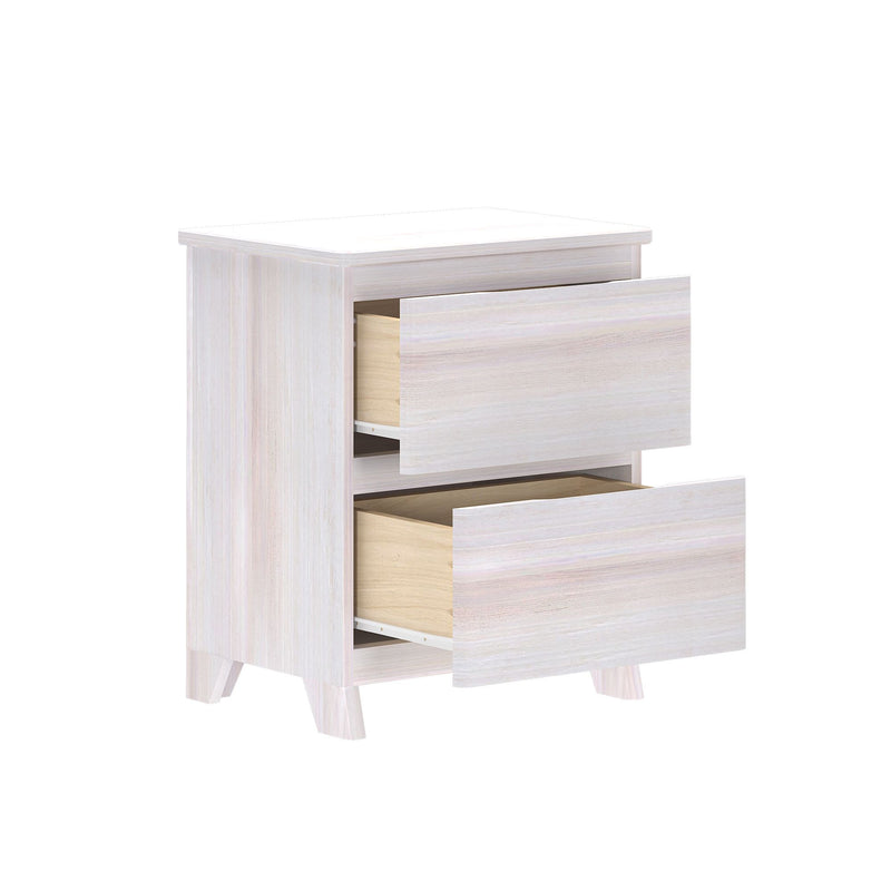 3-drawer light wood nightstand with whitewashed finish and tapered mid-century legs, two drawers partially open showing interior bedside storage