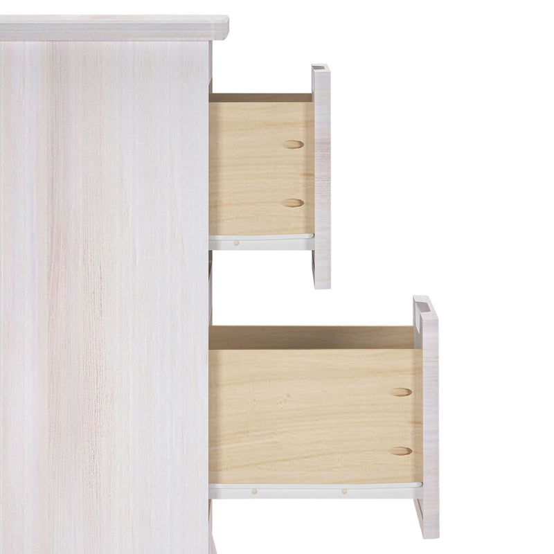 Whitewashed wood dresser side view with two open drawers revealing natural wood drawer boxes, metal drawer glides and modern farmhouse bedroom furniture