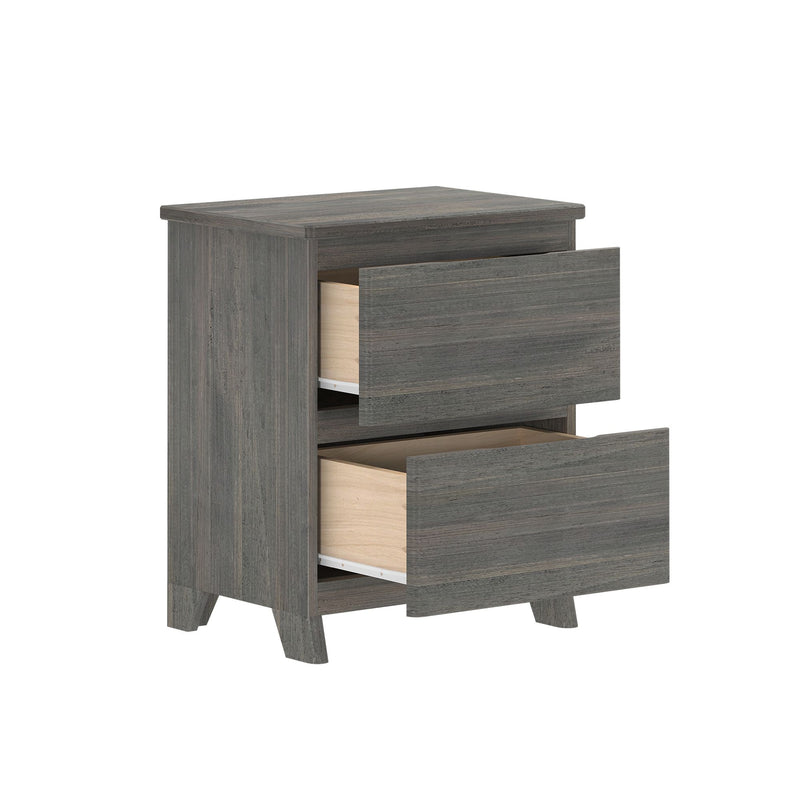 Gray wood three-drawer nightstand with rustic oak finish, angled legs and partially open drawers — modern bedroom storage cabinet