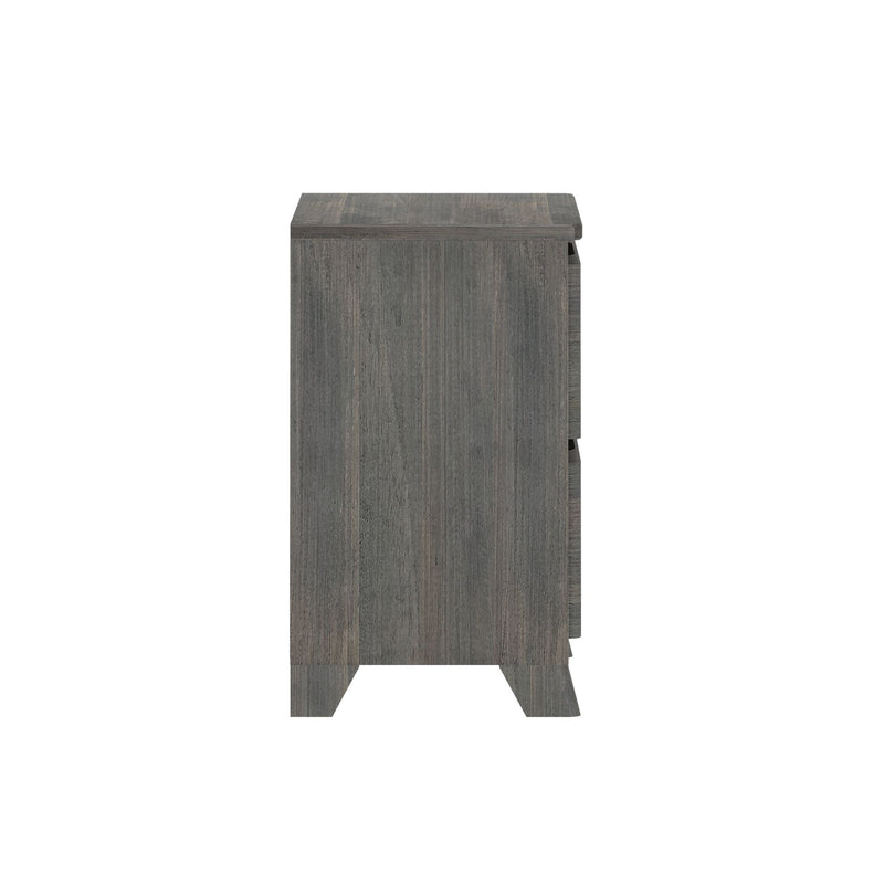 Side view of gray wood three-drawer dresser with tapered legs — modern bedroom storage furniture on white background