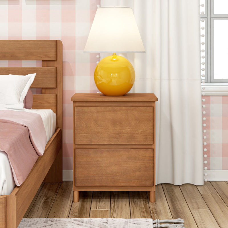 Wooden nightstand with yellow globe table lamp beside a wooden bed, pink checkered wallpaper and white curtains on hardwood floor — modern bedroom decor