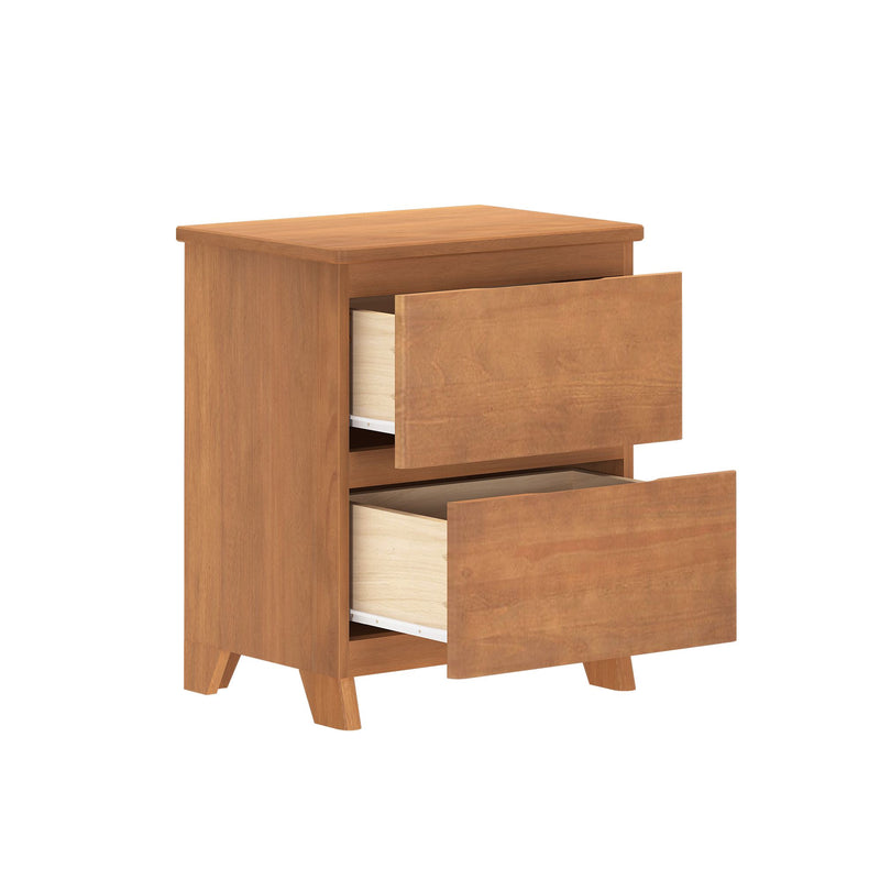 Two-drawer wooden nightstand in light oak finish with partially open drawers, mid-century modern bedside table for bedroom storage