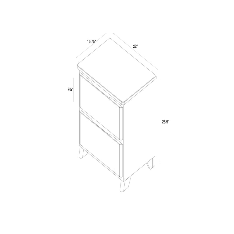 Mid-century modern two-drawer bedside table nightstand isometric diagram with dimensions 22 in W × 15.75 in D × 26.5 in H, 9.5 in drawer height, tapered wooden legs on white background