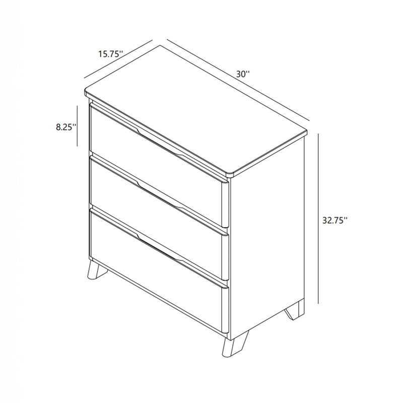 Isometric line drawing and measurements of a three-drawer mid-century modern dresser with tapered legs and recessed handles, 30″ W × 15.75″ D × 32.75″ H