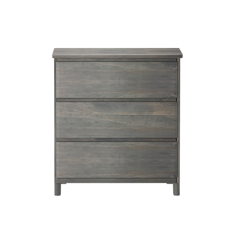Grey weathered wood 3-drawer dresser with recessed handles and tapered legs modern rustic bedroom storage chest