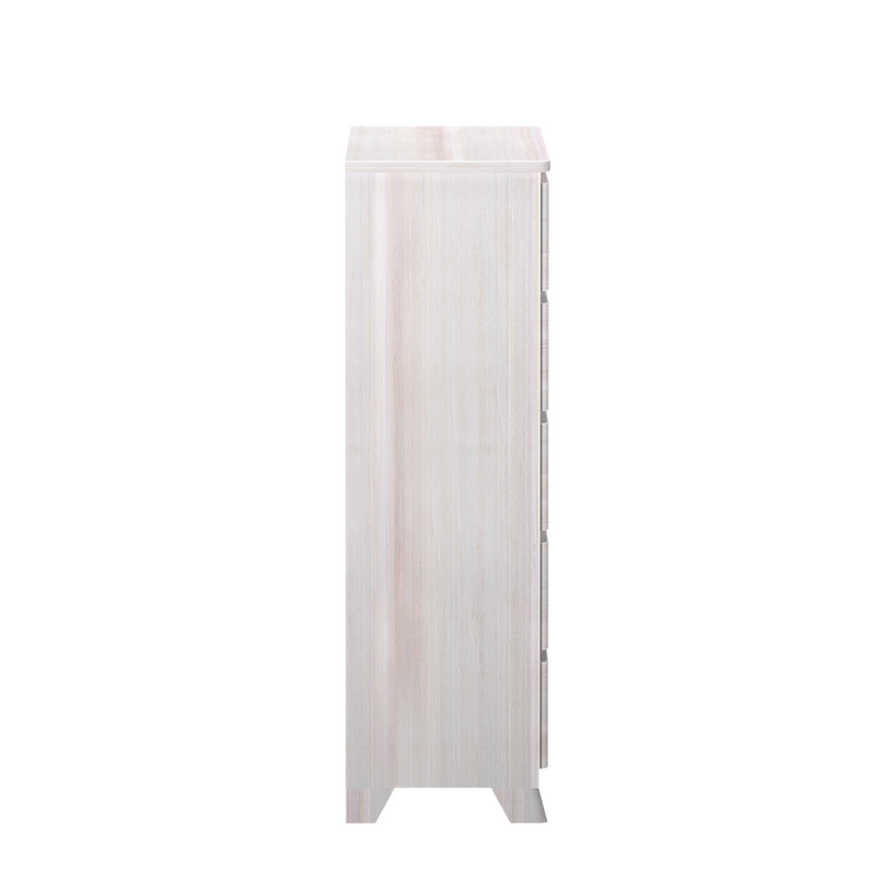 Narrow whitewashed wood storage cabinet side view – modern vertical dresser with subtle wood grain on white background