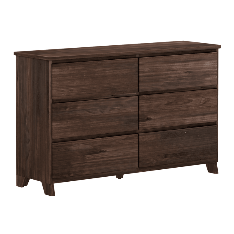 6-drawer walnut-finish wood dresser with handle-less drawers and tapered legs, modern rustic bedroom storage chest
