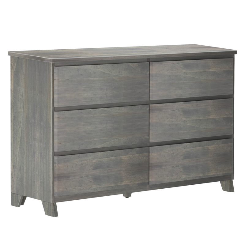 Modern gray wooden six-drawer dresser with tapered legs and rustic finish, bedroom storage chest