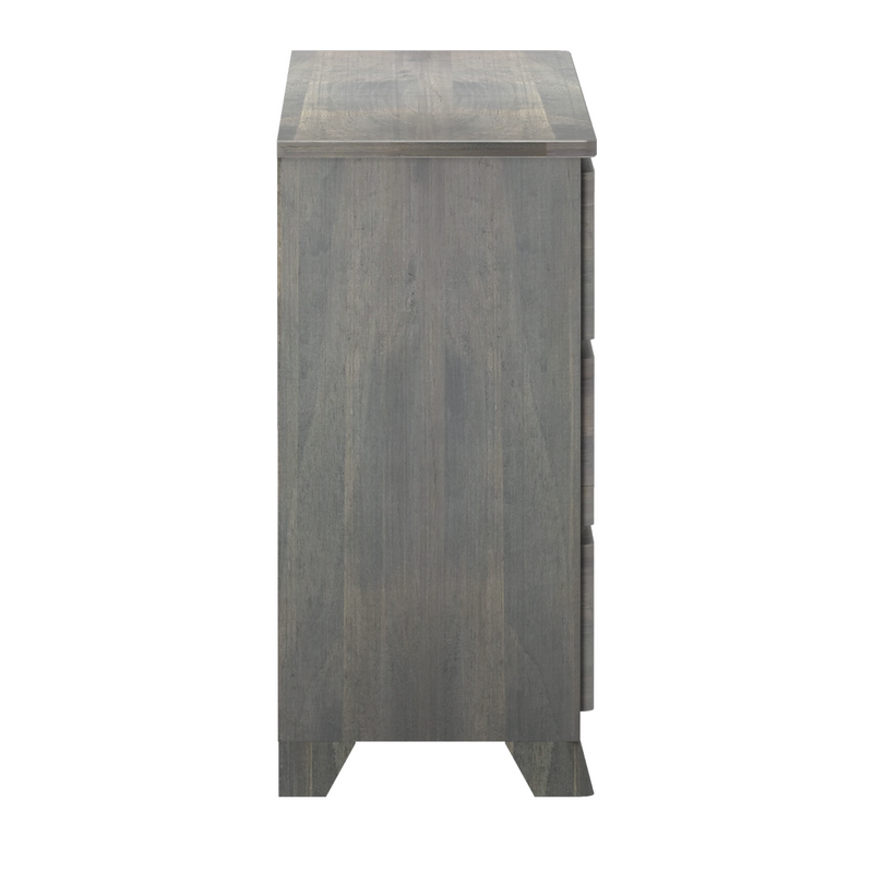 Side view of gray wooden dresser with modern rustic finish, tapered legs and stacked drawer storage for bedroom