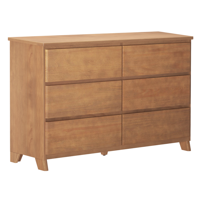 Mid-century modern six-drawer wooden dresser in natural oak finish with tapered legs, bedroom storage