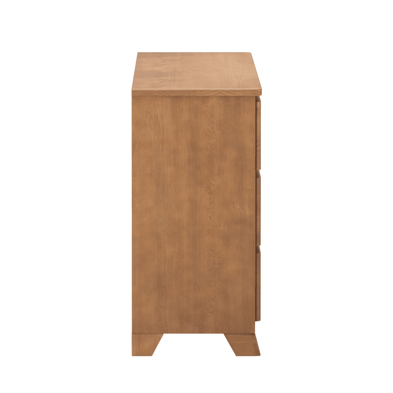 Wooden dresser side view in warm oak finish, mid-century modern nightstand with tapered legs and bedroom storage cabinet