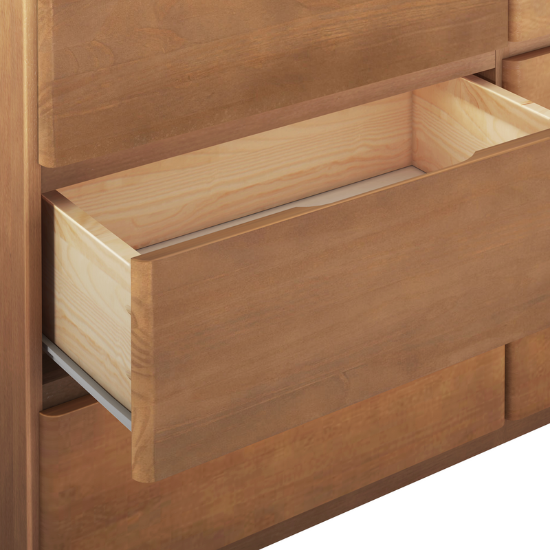 Close-up of an open light-wood dresser drawer with visible wood grain, integrated handle and metal drawer slide