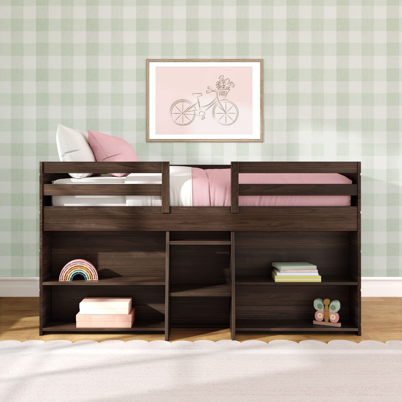 Modern Farmhouse Twin Low Loft Bed With Bookcases