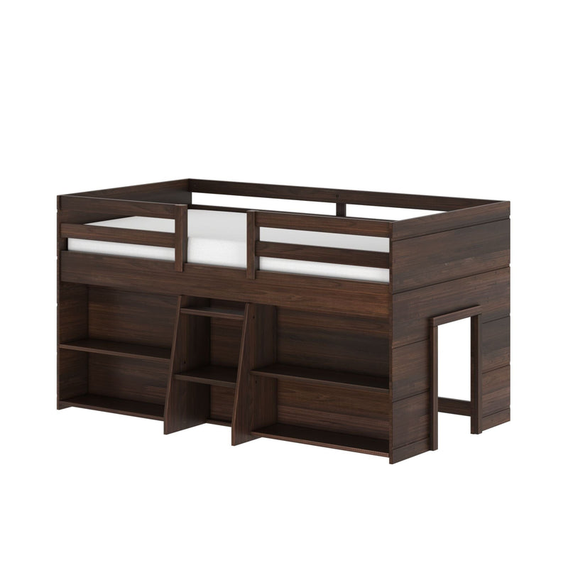 Dark walnut twin loft bed with guardrails, integrated ladder and built-in open shelving for space-saving kids' bedroom storage