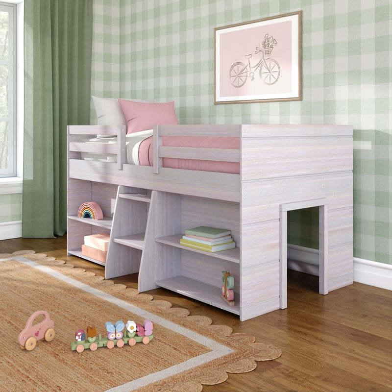 Kids loft bed with built-in storage shelves and ladder, pink bedding, green gingham wallpaper and wooden toys in pastel children's bedroom.