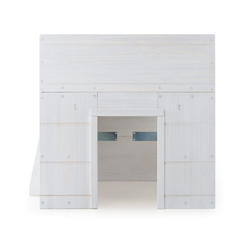 Whitewashed wooden children's playhouse front with central doorway, horizontal paneling, visible screws and metal brackets