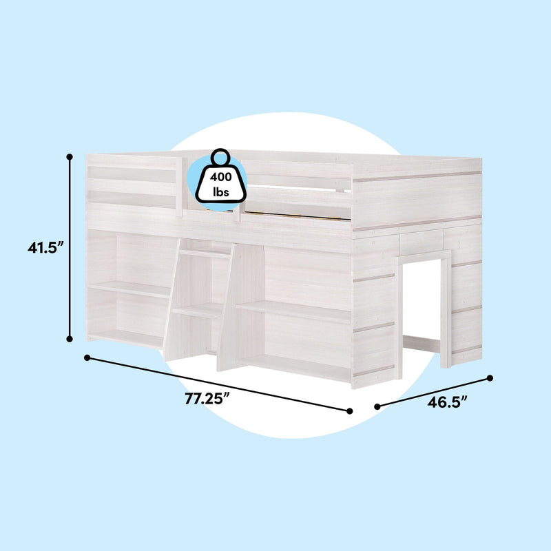 White wood loft bed with guardrail, built-in ladder and storage cubbies, 400 lb weight capacity, dimensions 77.25 in × 46.5 in × 41.5 in