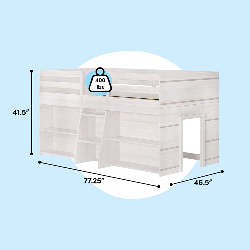 White wood loft bed with guardrail, built-in ladder and storage cubbies, 400 lb weight capacity, dimensions 77.25 in × 46.5 in × 41.5 in