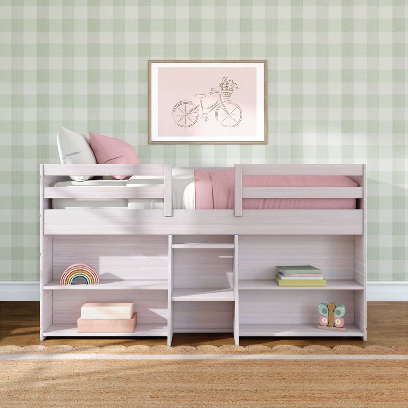 Children's bedroom with white wooden bunk bed, pink bedding, pastel green gingham wallpaper, framed bicycle print and wooden rainbow and butterfly toys