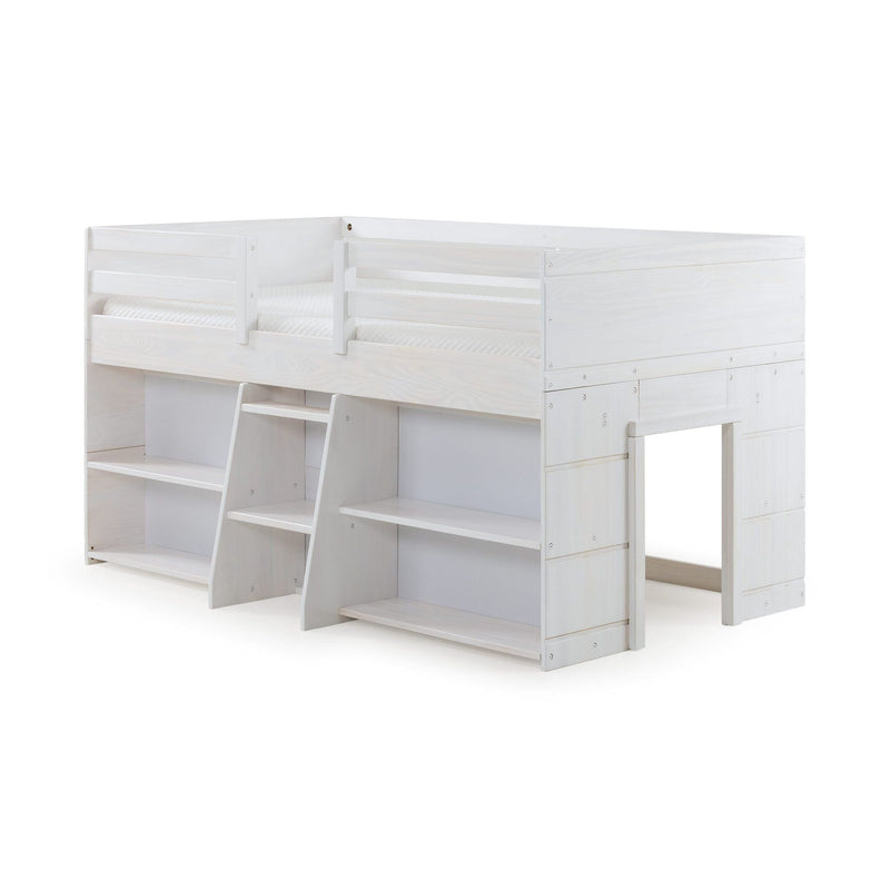 White wooden loft bed with built-in storage shelves, ladder and safety rails for kids' bedroom