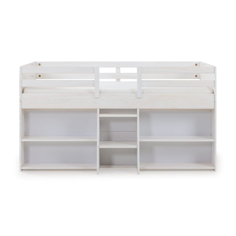 White wooden loft bed with safety rail, twin mattress and built-in open shelves and ladder — space-saving kids bedroom storage solution