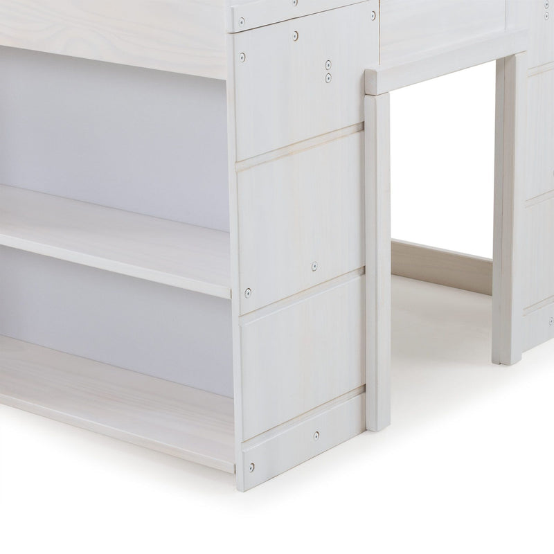 Close-up of whitewashed wooden bunk bed frame with built-in shelves and ladder, highlighting screw fasteners and rustic modern farmhouse finish