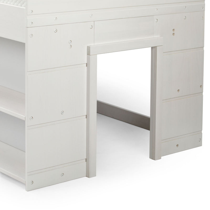 Close-up of whitewashed wooden bunk bed frame with built-in shelves and ladder, highlighting screw fasteners and rustic modern farmhouse finish