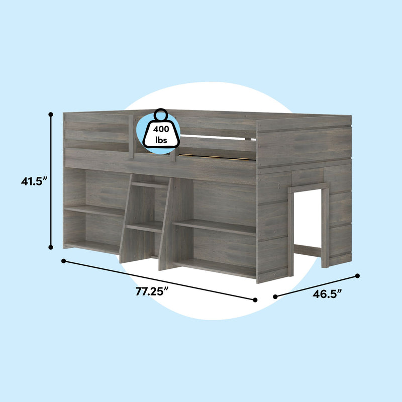 Gray wooden twin loft bed with guardrail, built-in ladder, shelves and desk storage, 400 lb weight capacity, dimensions 77.25 in x 46.5 in x 41.5 in