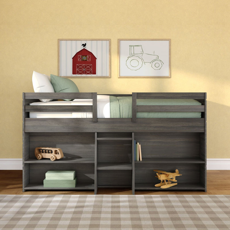 Children's room with dark gray wooden bunk bed and storage cubbies, green bedding, plaid rug, farmhouse wall art (red barn and tractor) and wooden toys