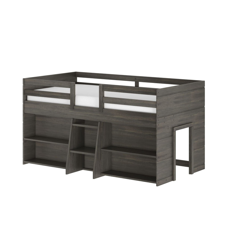 Gray wooden loft bed with safety rails, built-in ladder and open cubby storage, modern kids bunk bed frame
