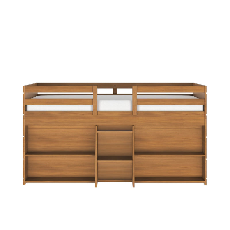 Natural wood twin loft bed with safety guardrails, built-in ladder and open storage shelves — modern kids' bedroom furniture