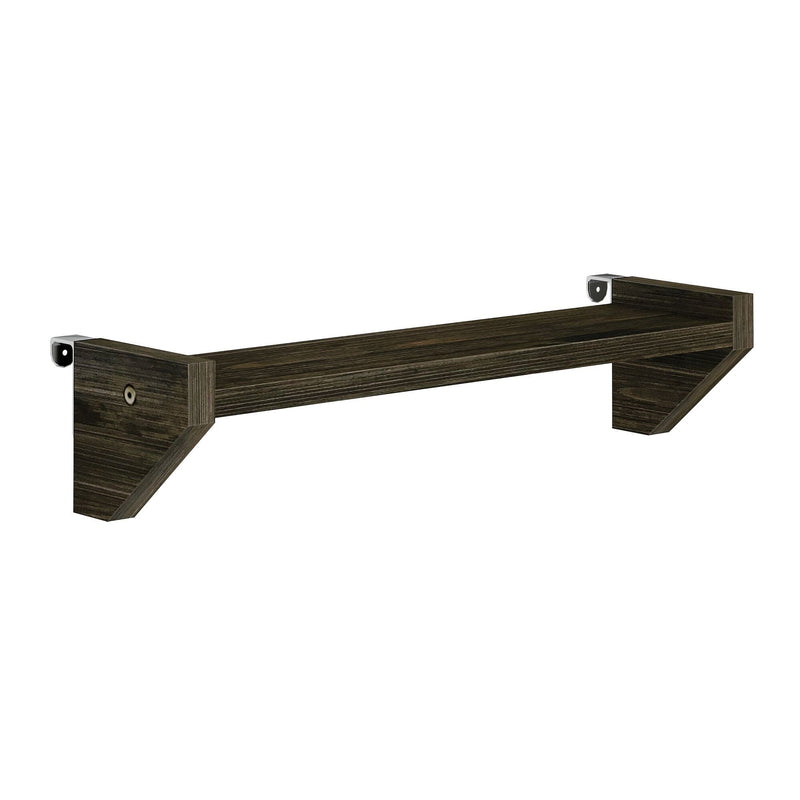 Dark wood floating wall shelf with silver metal mounting brackets, modern rustic storage shelf for living room, bedroom, or entryway