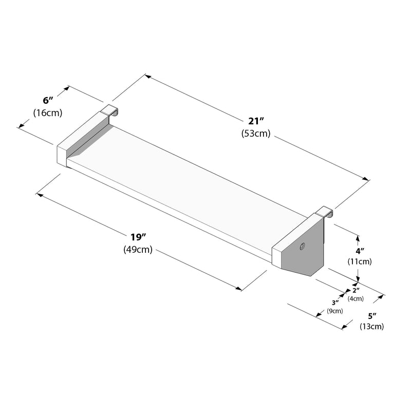 Floating shelf technical drawing with measurements in inches and centimeters showing 21" (53 cm) and 19" (49 cm) shelf dimensions plus 6" (16 cm) end bracket and 4" (11 cm) height.