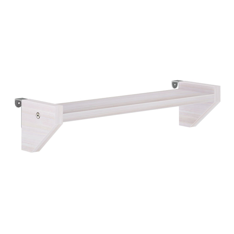 Wall-mounted floating shelf bracket in light wood with metal corner supports on white background