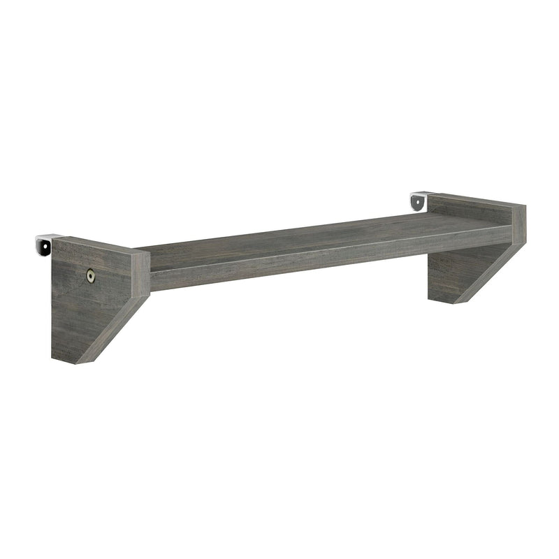Gray weathered wood floating wall shelf with metal mounting brackets, rustic industrial wall-mounted shelving for living room and bedroom storage
