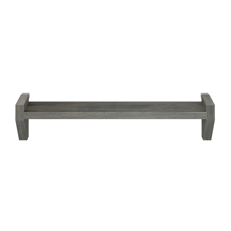 Gray weathered wood wall shelf with bracket supports, rustic farmhouse floating shelf for home decor and storage