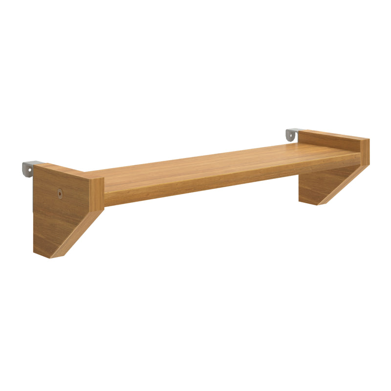 Wall-mounted floating oak wood shelf with metal brackets, modern minimalist storage shelf for living room or kitchen.