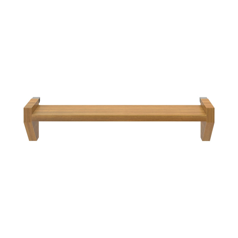 Wooden wall shelf with bracketed end supports, natural wood finish minimalist floating display shelf on white background