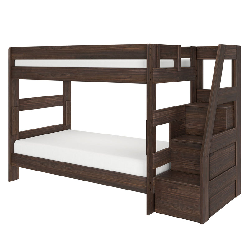 Dark walnut wooden loft bunk bed with built-in staircase storage and white mattresses, modern solid-wood design ideal for kids and teens