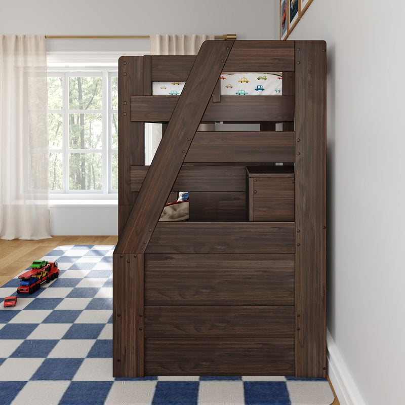 Dark wood kids bunk bed in children's bedroom with car-print bedding, toy cars on a blue checkered rug, sheer curtains and window light