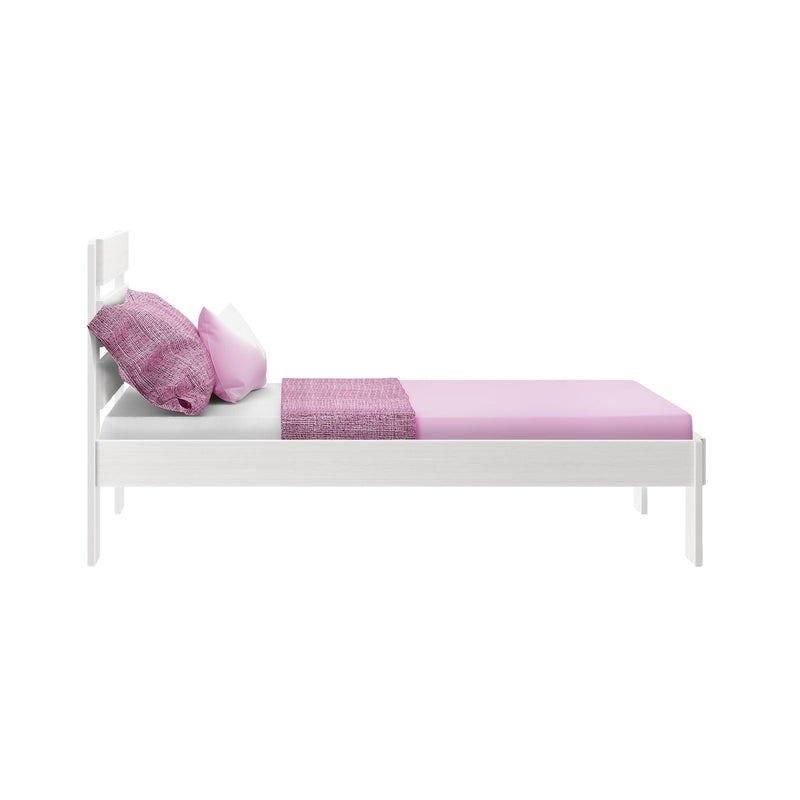 White wooden single bed with pink fitted sheet, two pink pillows and textured pink throw blanket on a modern minimalist frame, isolated on white background