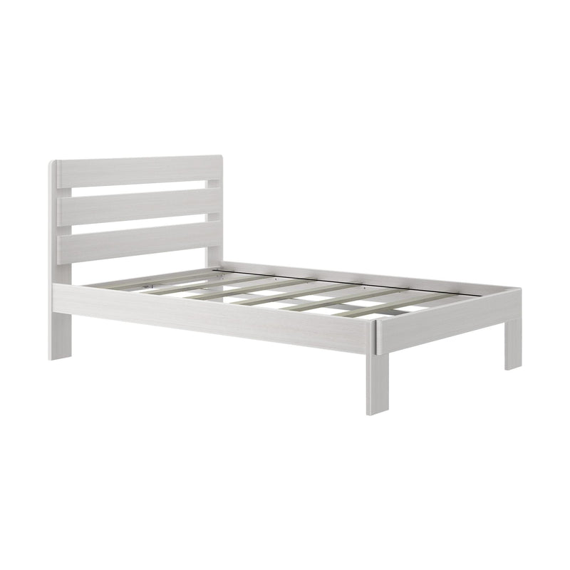 White wooden platform bed frame with horizontal slatted headboard and wooden slat support, modern minimalist bedroom furniture