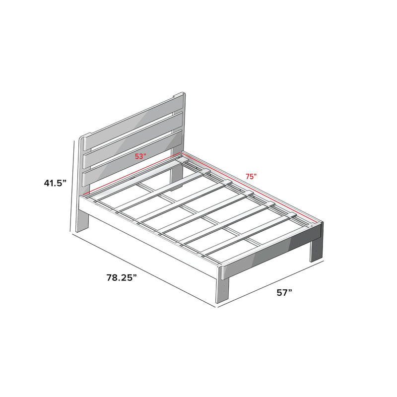 Assembly diagram of a wooden slatted platform bed frame with horizontal headboard, annotated dimensions and measurements for length, width, and internal slat supports, ideal for comparing bed frame dimensions and assembly instructions