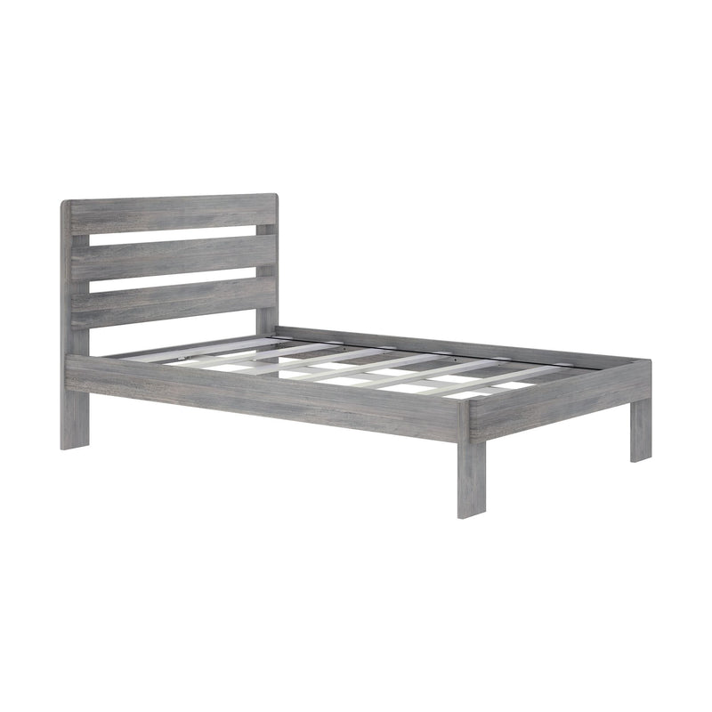Gray wooden platform bed frame with horizontal slatted headboard and metal mattress support slats, modern rustic bedroom furniture