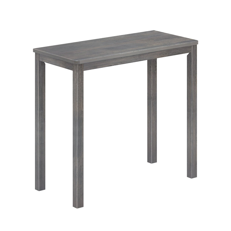 Rectangular gray weathered wood bar table with square legs and rustic finish, close-up view isolated on white background