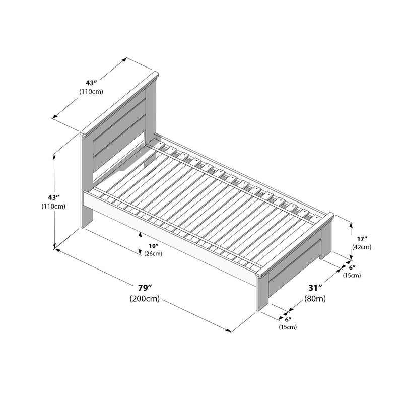 Assembly diagram of a single wooden slatted platform bed frame with headboard, labeled dimensions 79" (200 cm) length × 31" (80 cm) width × 43" (110 cm) headboard height, modern bedroom furniture