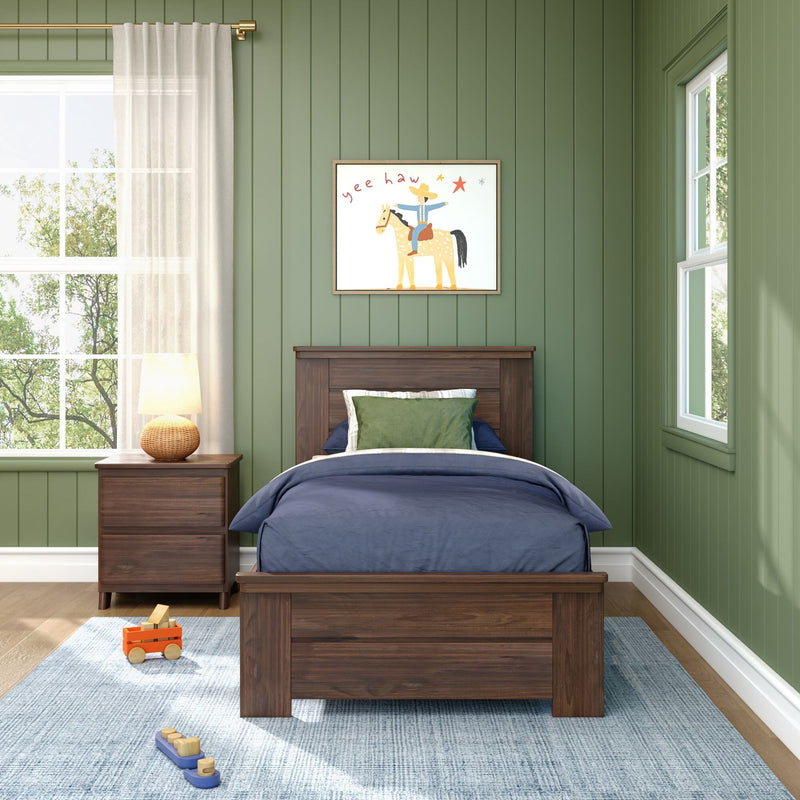 Cozy kids' bedroom with green shiplap walls, wooden twin bed with navy bedding, framed cowboy horse wall art, wooden nightstand with lamp and toys on a blue rug